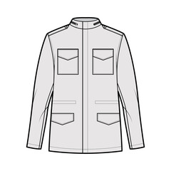 M-65 field jacket technical fashion illustration with oversized, stand collar, hide hood, long sleeves, flap pockets, epaulettes. Flat coat template front, grey color style. Women men top CAD mockup © Vectoressa