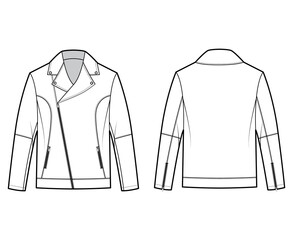 Zip-up biker jacket technical fashion illustration with oversized, zip front fold-over lapels collar, long sleeves, moto details. Flat coat template back white color style. Women unisex top CAD mockup © Vectoressa