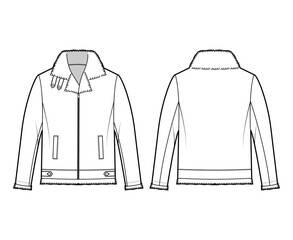 Zip-up Bomber leather jacket technical fashion illustration with fur shearing, oversized, collar, long sleeves, pockets. Flat coat template front, back white color style. Women men unisex CAD mockup © Vectoressa