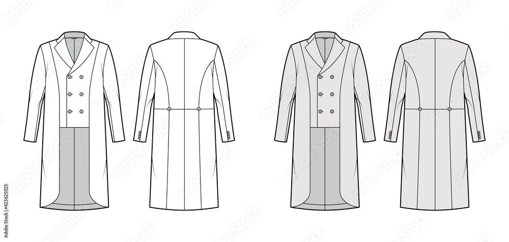 Sticker Horse riding jacket tuxedo technical fashion illustration with double breasted, long sleeves, low high hem. Flat show equestrian coat template front, back, white, grey color style. Women, men top CAD - Stickers