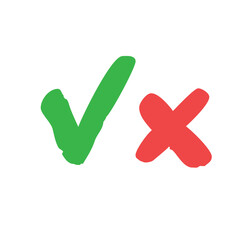 Check marks hand drawn style. Green Tick and red x. Approval vote symbols.