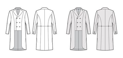 Horse riding jacket tuxedo technical fashion illustration with double breasted, long sleeves, low high hem. Flat show equestrian coat template front, back, white, grey color style. Women, men top CAD