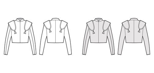 Torero jacket matador technical fashion illustration with long sleeves, stand collar, waist length, embellish. Flat chaqueta template front, back, white, grey color style. Women, men top CAD mockup