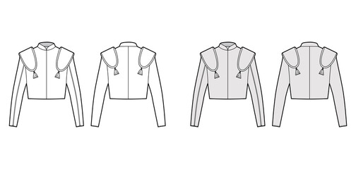 Torero jacket matador technical fashion illustration with long sleeves, stand collar, waist length, embellish. Flat chaqueta template front, back, white, grey color style. Women, men top CAD mockup