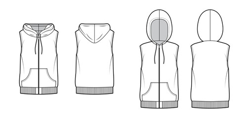 Set of Hooded vests waistcoat technical fashion illustration with sleeveless, kangaroo pouch, zip-up closure, oversized body. Flat template front, back, white color. Women, men, unisex top CAD mockup © Vectoressa