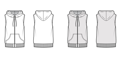 Hooded vest waistcoat technical fashion illustration with sleeveless, kangaroo pouch, zip-up closure, oversized body. Flat template front, back, white, grey color style. Women, men, unisex CAD mockup