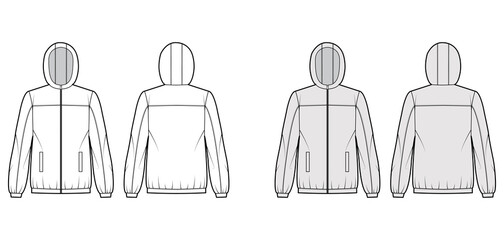 Windbreaker jacket technical fashion illustration with hood, oversized, long sleeves, welt pockets, zip-up opening. Flat coat template front, back white, grey color style. Women, men top CAD mockup