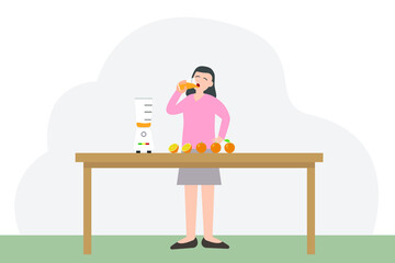 Healthcare vector concept: Young woman drinking a glass of orange juice at home 