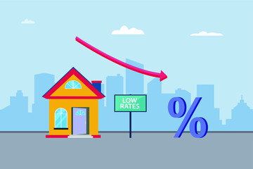Low rates vector concept: House with falling down arrow concept of low rates 