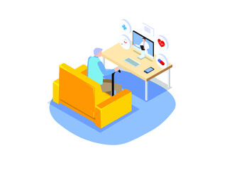 Elderly man sitting on the sofa and consults with online doctor by video call on the computer monitor, isometric vector concept