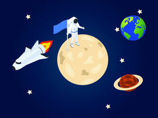 Astronomy isometric vector concepts. Success astronaut landing on a planet and put a flag © Creativa Images