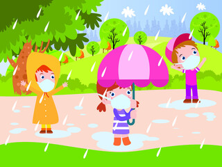 Obraz na płótnie Canvas Happy children playing rain drops while wearing raincoat, umbrella, and face mask at the park