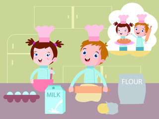 Dream job vector concepts: Happy children cartoon character making cake together in the kitchen while imagine as a baker