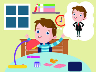 Dream job vector concepts: Happy little boy studying at home with calculator and money while imagine as a success businessman