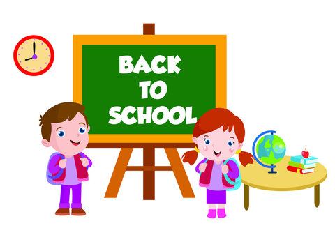 Back to school vector concepts: Cute elementary school students cartoon character with back to school text on blackboard