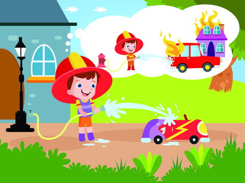 Dream job vector concepts: Happy little boy spraying water to a car toy while imaging a firefighter
