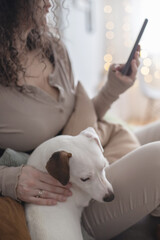 Cheerful curly woman kissing hugging little dog feeling love tenderness at cozy minimalistic home