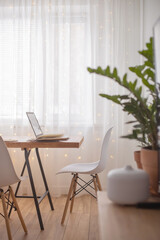 Empty modern scandi interior of living room potted plant furniture decor elements minimalistic home