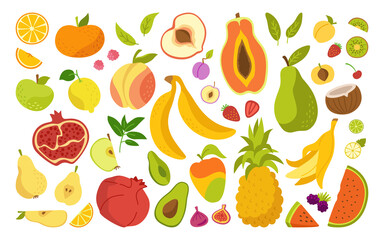 Exotic hawaiian fruit cartoon set. Tropical fruit, pineapple and blackberry, pear watermelon and tangerine. Flat vitamin apple plum apricot, fig, strawberry lemon. Isolated trendy vector illustration