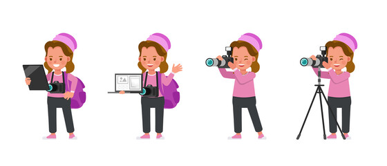 Photographer kid girl character vector design. Presentation in various action. no2