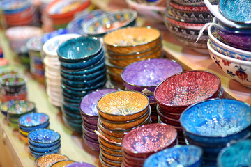 Sale of traditional colorful Turkish ceramics dishes in the Istanbul Grand Bazaar, Istanbul....