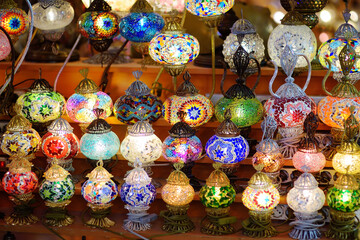 Sale of exotic Mosaic Ottoman lamps in Grand Bazaar in Istanbul, Turkey. Shopping. Gifts and...