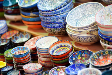 Sale of traditional colorful Turkish ceramics dishes in the Istanbul Grand Bazaar, Istanbul....