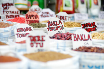 Sale of seeds of garden plants on market in Eminonu district, Istanbul. Here you can buy seeds of greenery, herbs, vegetables, flowers and seedlings.