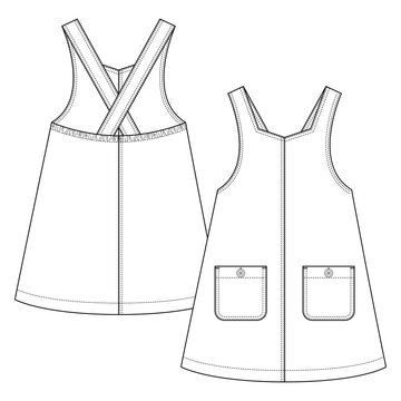 Baby Girls Woven Pinafore Fashion Flat Sketch Template. Kids Jumper Dress Technical Fashion Illustration. Front Pockets With Button Detail.Center Front Seam