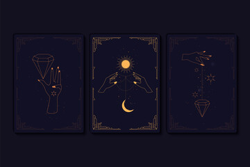 Fototapeta na wymiar Set of mystical tarot cards. Elements of esoteric, occult, alchemical and witch symbols. Zodiac signs. Cards with esoteric symbols. Silhouette of hands, stars, moon and crystals. Vector illustration