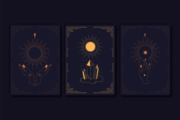 Set of mystical tarot cards. Elements of esoteric, occult, alchemical and witch symbols. Zodiac signs. Cards with esoteric symbols. Silhouette of hands, stars, moon and crystals. Vector illustration - obrazy, fototapety, plakaty
