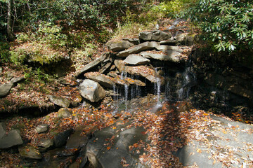 Clean Mountain Springwater Trickles Over Rocks in a Colorful Autumn Wood