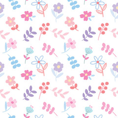 Seamless Pattern with Hand Drawn Flower and Leaf Design on White Background