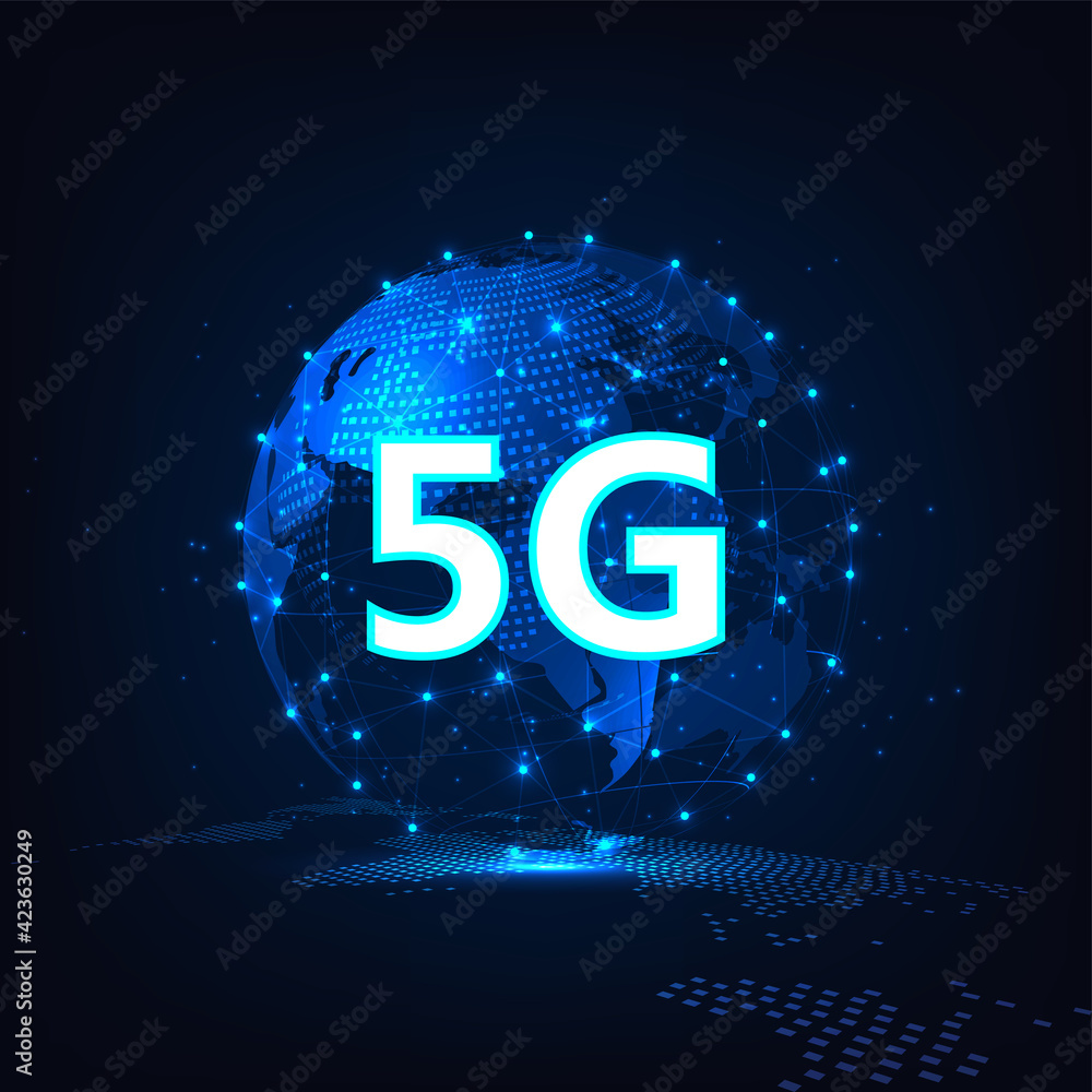 Poster 5g network wireless systems concept.5g symbol on world 3d wireless internet network connection infor