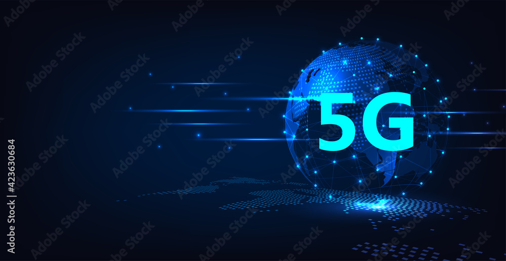 Aufkleber concept of technology 5g network.5g symbol on world 3d wireless internet network connection informat