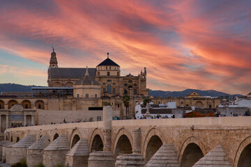 Roman Bridge in the heart of historic part of Cordoba with Mezquita Cathedral nearby