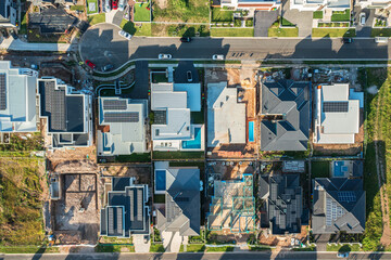 Topdown aerial view of modern upmarket houses under construction, Sydney, Australia