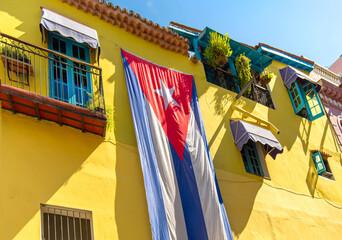 Scenic colorful Old Havana streets in historic city center of Havana Vieja near Paseo El Prado and Capitolio - obrazy, fototapety, plakaty