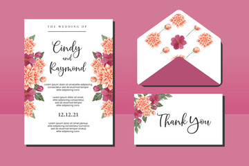 Naklejka na ściany i meble Wedding invitation frame set, floral watercolor hand drawn Dahlia Flower design Invitation Card Template