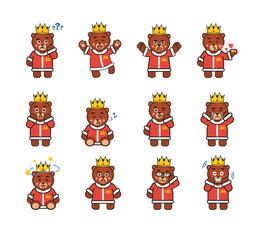 Bear king characters set showing various emotions, facial expressions. Modern vector illustration