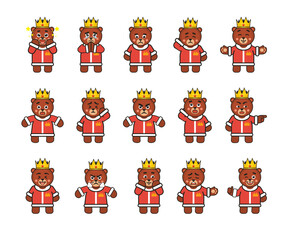 Bear king characters set showing various emotions, facial expressions. Modern vector illustration
