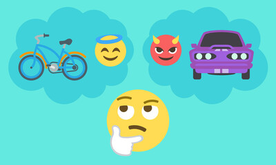 thinking face and two thought bubbles with angel face and bike on the left and devil face with car on the right,choice,decisions,life balance,lifestyle concept vector illustration