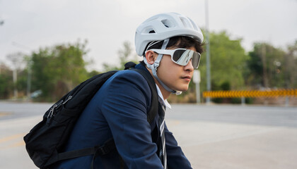 Asian men ride bicycles to work