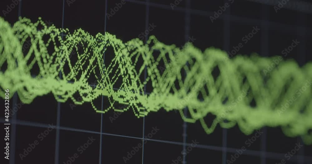 Poster computer animation showing laser frequency of audio voice. changing from silence to loud. moving wav