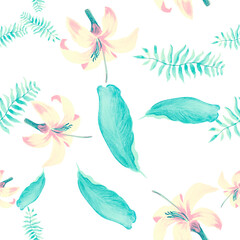 Fototapeta na wymiar White Pattern Background. Gray Tropical Nature. Pink Seamless Foliage. Navy Decoration Art. Yellow Spring Hibiscus. Blue Flower Leaves. Wallpaper Palm.