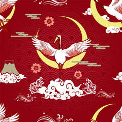 Seamless Art Japan Repeat Pattern of Standing Crane on A Bunch of Curvy Cloud, Sakura Flower Icon, Wind Splash, Crescent Moon and Mountain on Wave Repeat Pattern Gradient Red Background Vector Design