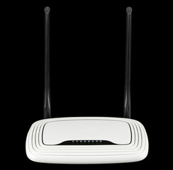 WI-FI wireless router with working luminous indicators, wireless data technology, isolated on black...