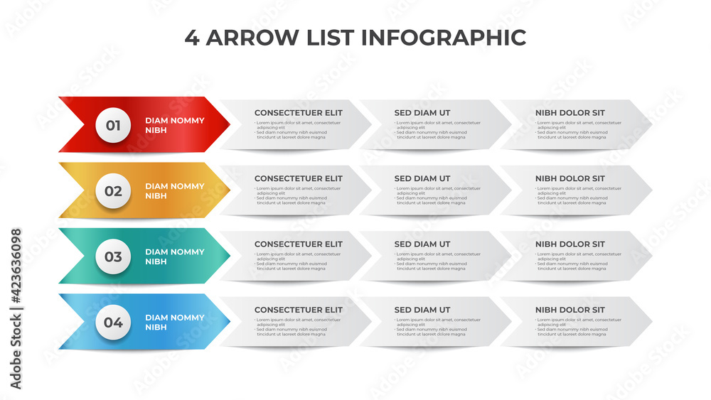 Poster 4 points of process arrow, list diagram for presentation, infographic element template vector