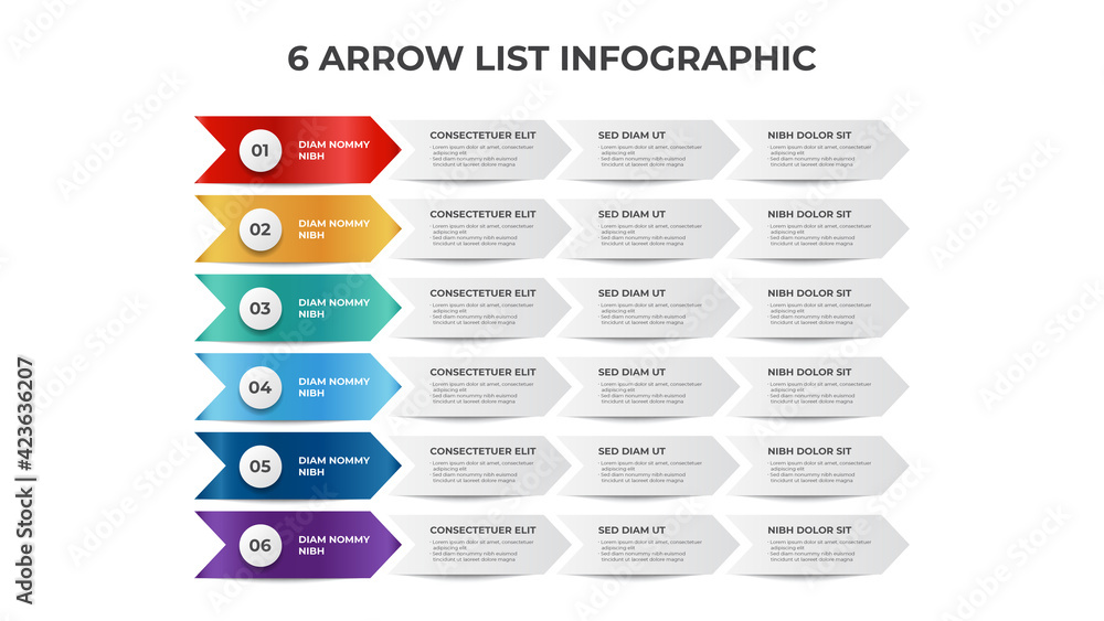 Poster 6 points of process arrow, list diagram for presentation, infographic element template vector