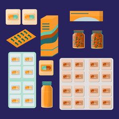 Set of medicines. Blister packaging of tablets and capsules, vials. Pain relievers, antibiotics, vitamins and aspirin in the pharmacy. Large selection of medicines. Isolated elements. Vector 